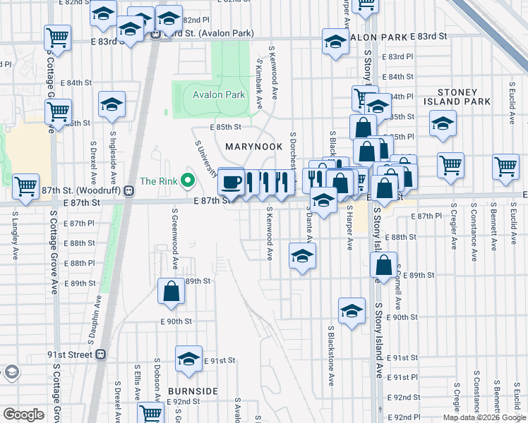 map of restaurants, bars, coffee shops, grocery stores, and more near 8729 South Kimbark Avenue in Chicago