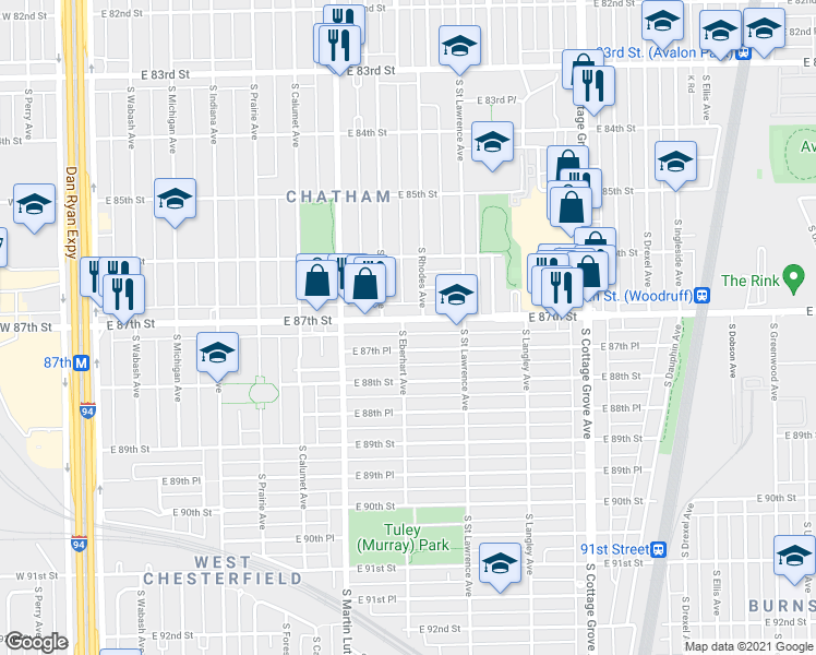 map of restaurants, bars, coffee shops, grocery stores, and more near 500 East 87th Place in Chicago