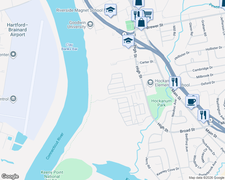 map of restaurants, bars, coffee shops, grocery stores, and more near 39 Shawnee Road in East Hartford