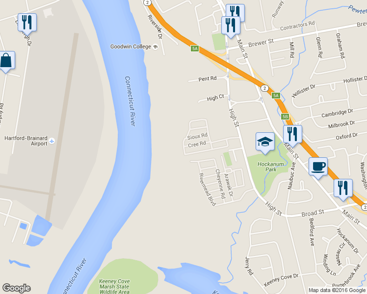 map of restaurants, bars, coffee shops, grocery stores, and more near 87 Shawnee Road in East Hartford