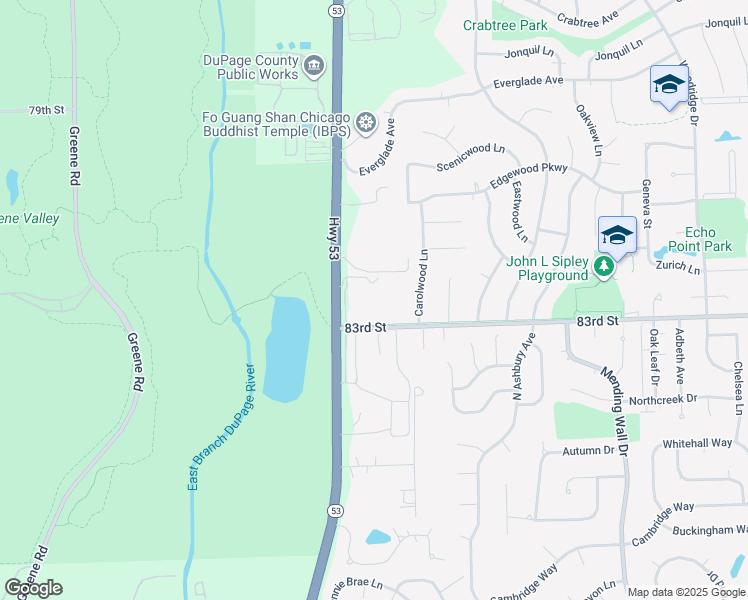 map of restaurants, bars, coffee shops, grocery stores, and more near 3296 83rd Street in Woodridge