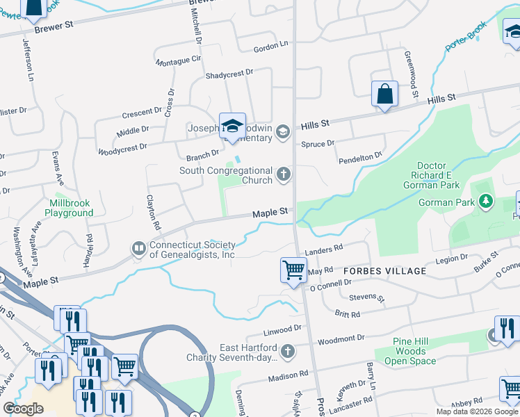 map of restaurants, bars, coffee shops, grocery stores, and more near 328 Maple Street in East Hartford