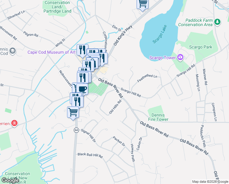 map of restaurants, bars, coffee shops, grocery stores, and more near 90 Old Hills Road in Dennis