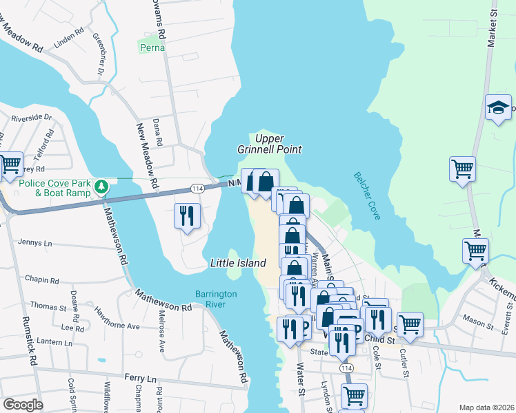 map of restaurants, bars, coffee shops, grocery stores, and more near 91 Main Street in Warren
