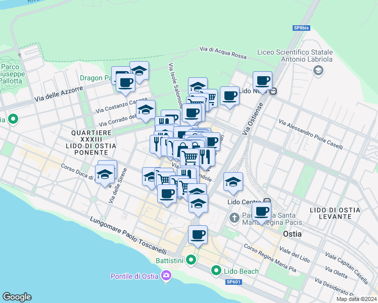 map of restaurants, bars, coffee shops, grocery stores, and more near 94 Via dei Panfili in Lido di Ostia