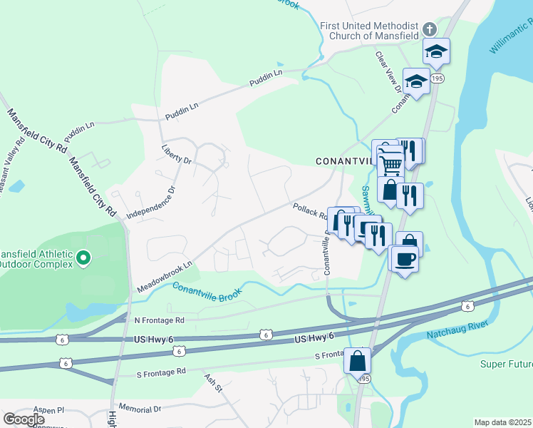 map of restaurants, bars, coffee shops, grocery stores, and more near 55 Meadowbrook Lane in Mansfield