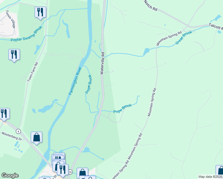 map of restaurants, bars, coffee shops, grocery stores, and more near 4 Pheasant Hill Road in Farmington