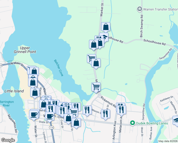 map of restaurants, bars, coffee shops, grocery stores, and more near 10 Connolly Avenue in Warren