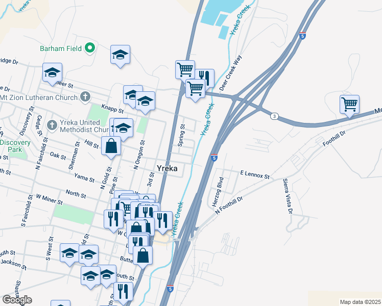 map of restaurants, bars, coffee shops, grocery stores, and more near 517 Burgess Street in Yreka