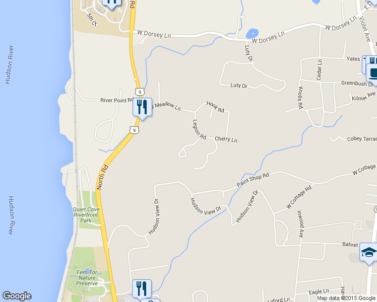 map of restaurants, bars, coffee shops, grocery stores, and more near 17 Windsor Court in Poughkeepsie