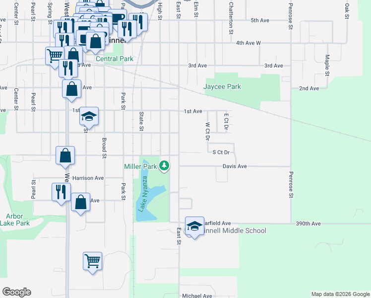 map of restaurants, bars, coffee shops, grocery stores, and more near 2 Washington Place in Grinnell