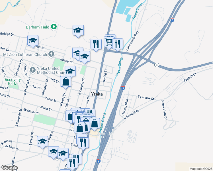 map of restaurants, bars, coffee shops, grocery stores, and more near 517 Burgess Street in Yreka