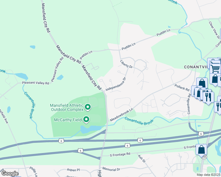 map of restaurants, bars, coffee shops, grocery stores, and more near 25 Patriots Square in Mansfield