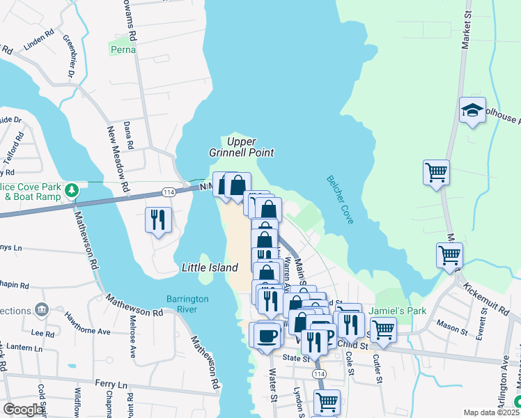 map of restaurants, bars, coffee shops, grocery stores, and more near 121 North Main Street in Warren