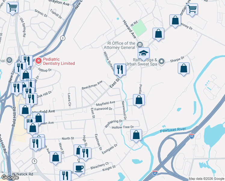 map of restaurants, bars, coffee shops, grocery stores, and more near 20 Castle Drive in Cranston
