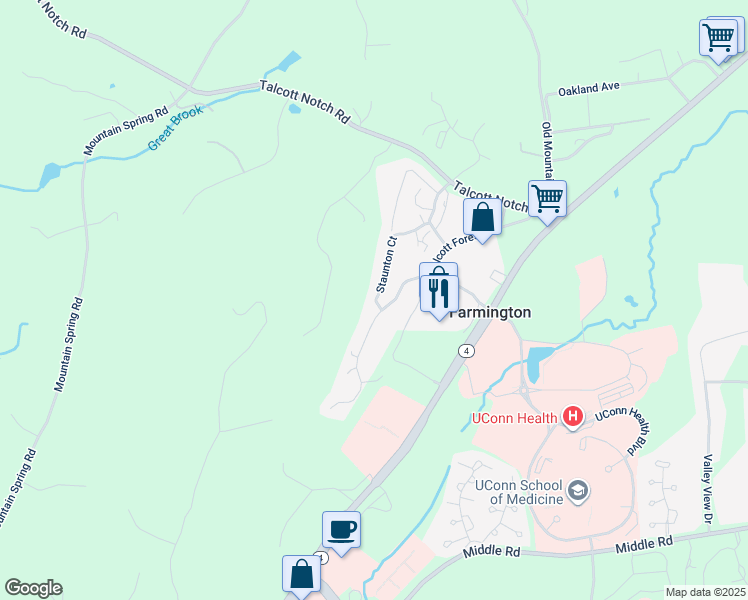 map of restaurants, bars, coffee shops, grocery stores, and more near 1 Talcott Forest Road in Farmington