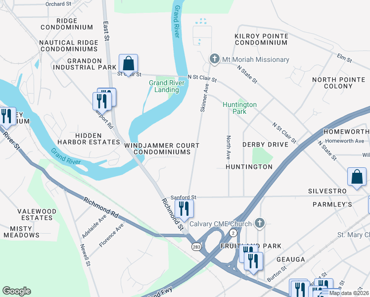 map of restaurants, bars, coffee shops, grocery stores, and more near 107 Windjammer Court in Painesville