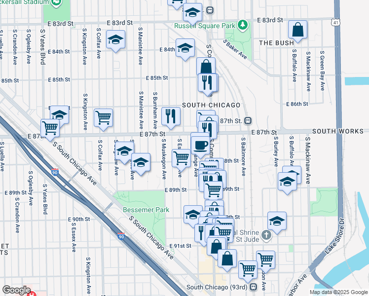 map of restaurants, bars, coffee shops, grocery stores, and more near 8741 South Escanaba Avenue in Chicago