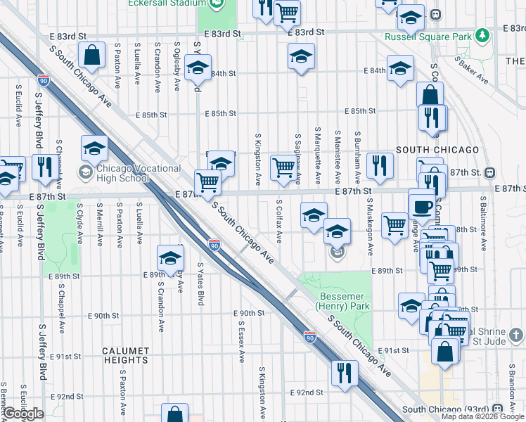 map of restaurants, bars, coffee shops, grocery stores, and more near 8740 South Kingston Avenue in Chicago