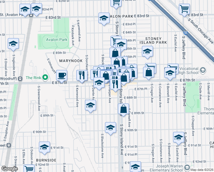 map of restaurants, bars, coffee shops, grocery stores, and more near 8731 South Blackstone Avenue in Chicago