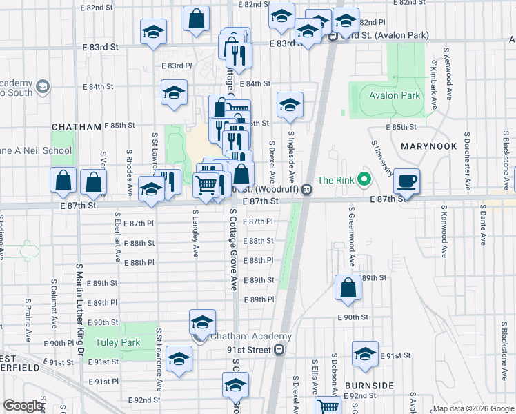 map of restaurants, bars, coffee shops, grocery stores, and more near 844 East 87th Place in Chicago