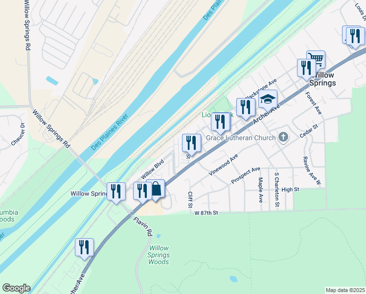 map of restaurants, bars, coffee shops, grocery stores, and more near 143 Willow Boulevard in Willow Springs