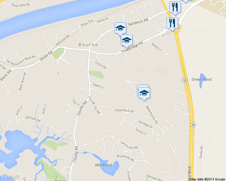 map of restaurants, bars, coffee shops, grocery stores, and more near 11 Dawe Lane in Bourne