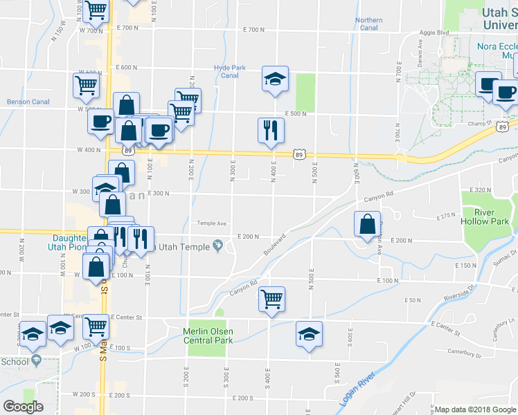 map of restaurants, bars, coffee shops, grocery stores, and more near 368 East 300 North in Logan