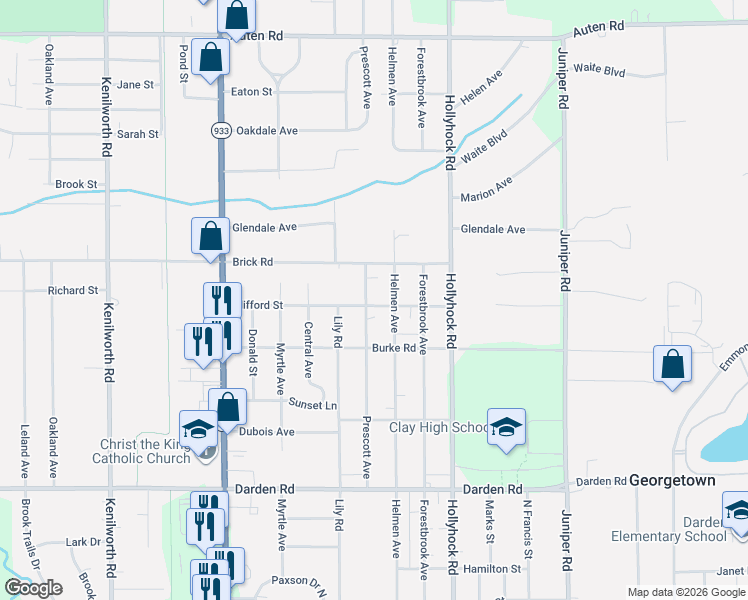 map of restaurants, bars, coffee shops, grocery stores, and more near 19376-19398 Clifford Street in South Bend