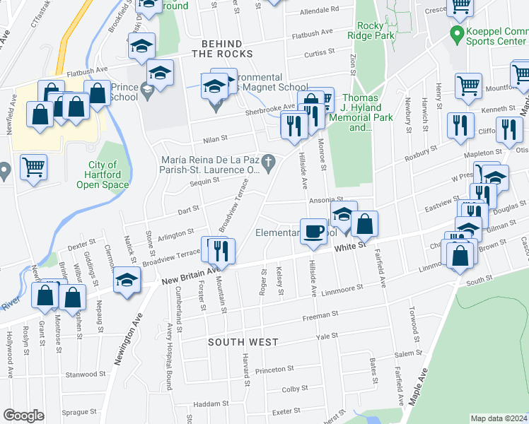 map of restaurants, bars, coffee shops, grocery stores, and more near 543 New Britain Avenue in Hartford