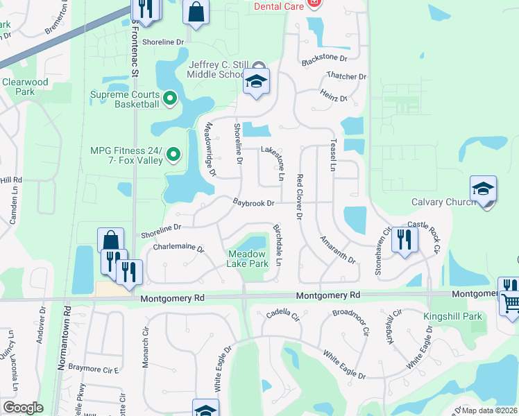 map of restaurants, bars, coffee shops, grocery stores, and more near 1166 Birchdale Lane in Aurora