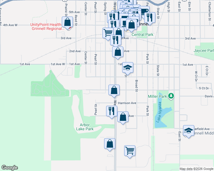 map of restaurants, bars, coffee shops, grocery stores, and more near 416 Spring Street in Grinnell