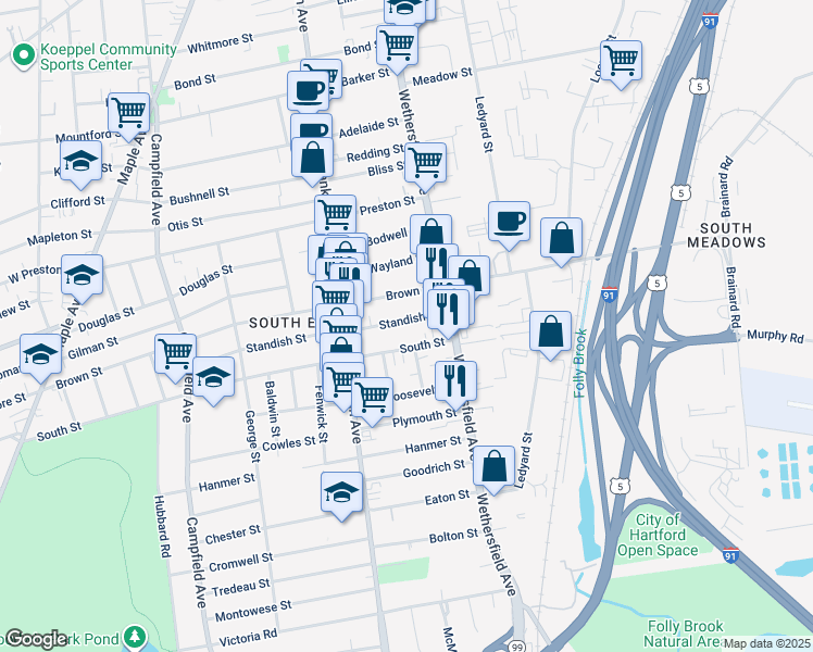 map of restaurants, bars, coffee shops, grocery stores, and more near 35 Standish Street in Hartford