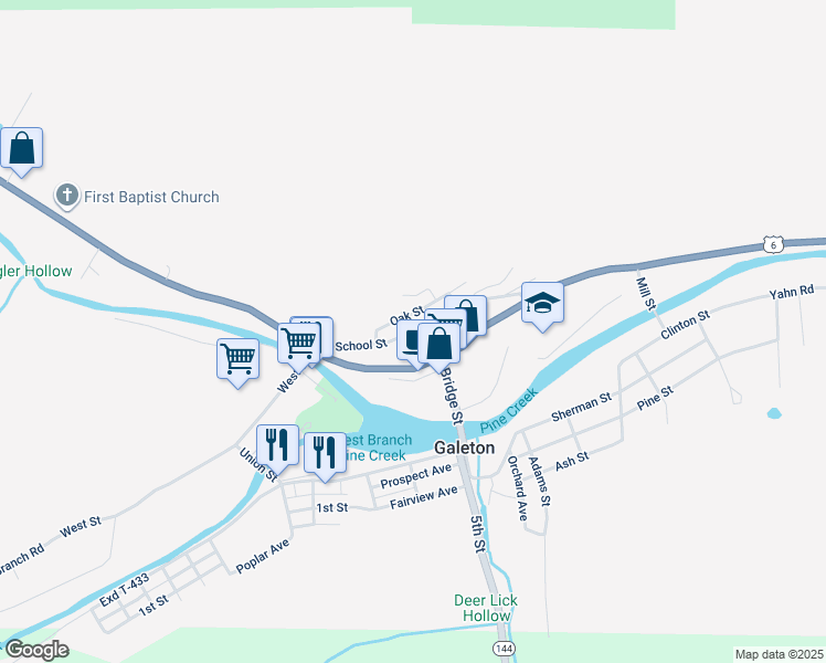 map of restaurants, bars, coffee shops, grocery stores, and more near School Street in Galeton