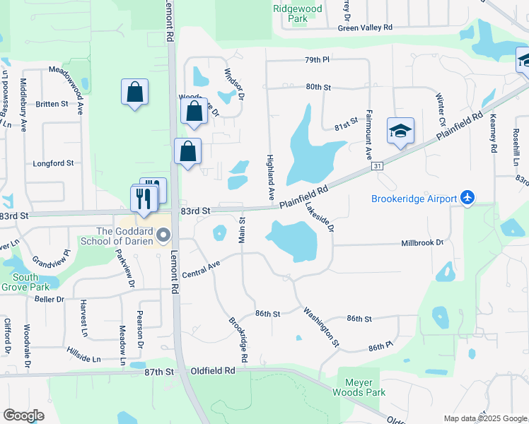 map of restaurants, bars, coffee shops, grocery stores, and more near 965 83rd Street in Downers Grove