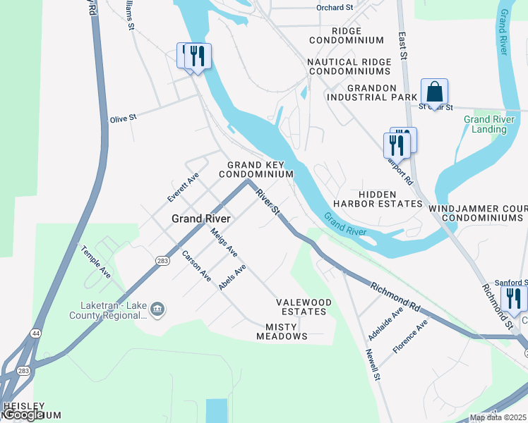 map of restaurants, bars, coffee shops, grocery stores, and more near 718 Ohio 283 in Grand River