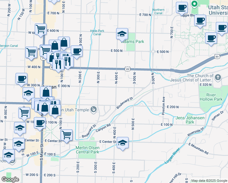 map of restaurants, bars, coffee shops, grocery stores, and more near 247 North 400 East in Logan