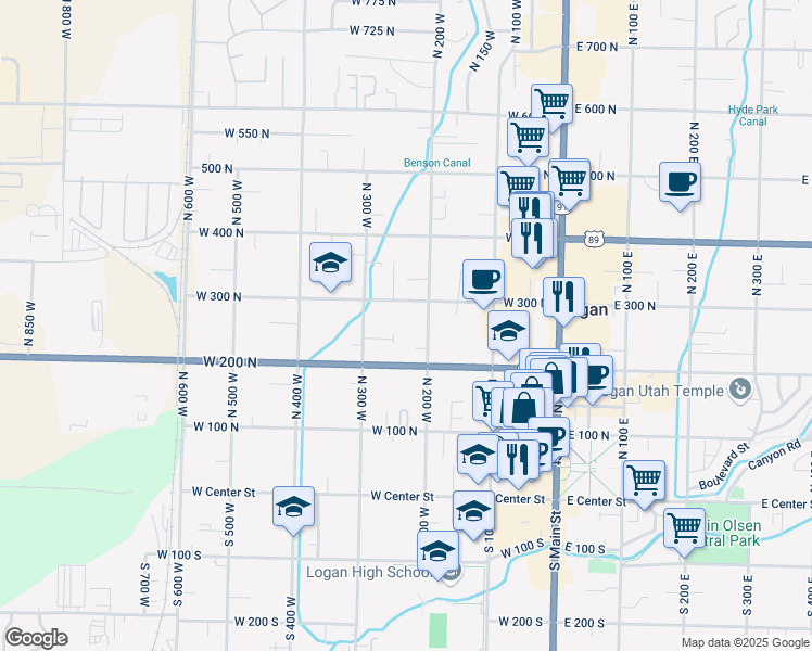 map of restaurants, bars, coffee shops, grocery stores, and more near 240 North 300 West in Logan