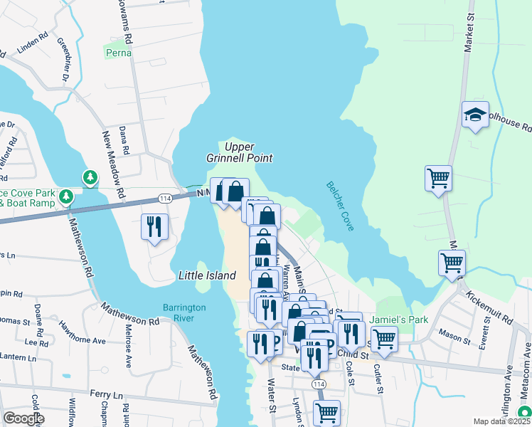 map of restaurants, bars, coffee shops, grocery stores, and more near 121 North Main Street in Warren