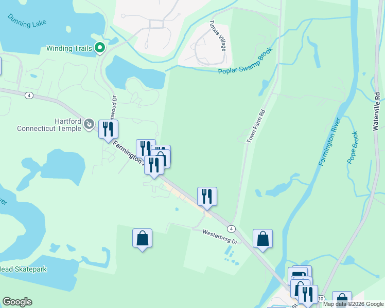 map of restaurants, bars, coffee shops, grocery stores, and more near 1048 Farmington Avenue in Farmington