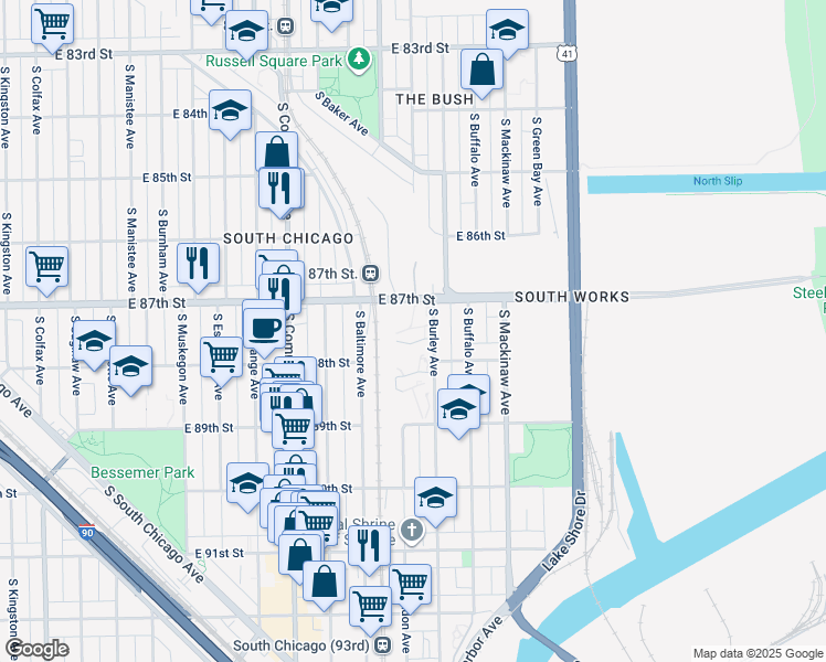 map of restaurants, bars, coffee shops, grocery stores, and more near 8732 South Burley Avenue in Chicago