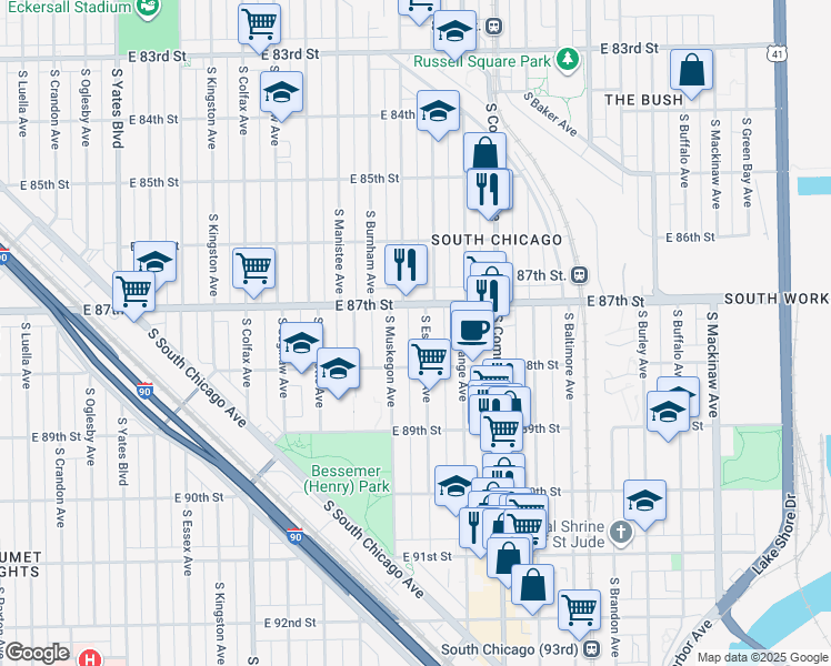 map of restaurants, bars, coffee shops, grocery stores, and more near 8743 South Muskegon Avenue in Chicago