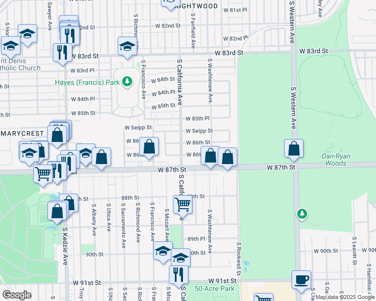 map of restaurants, bars, coffee shops, grocery stores, and more near 2747 West 86th Place in Chicago