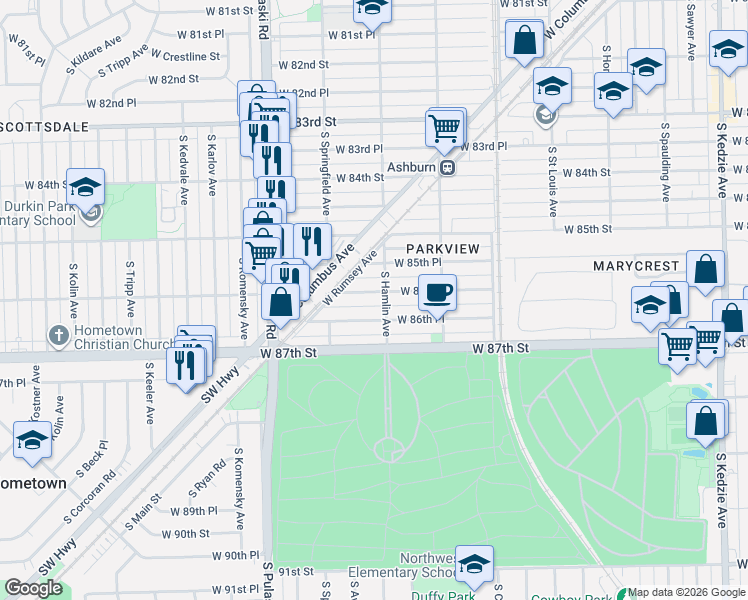 map of restaurants, bars, coffee shops, grocery stores, and more near 3808 West 86th Place in Chicago