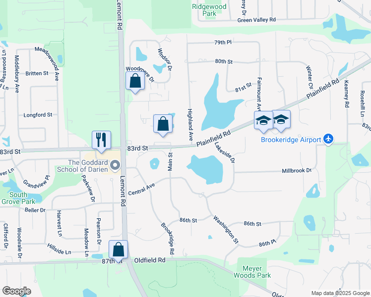 map of restaurants, bars, coffee shops, grocery stores, and more near 965 83rd Street in Downers Grove