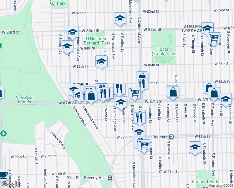 map of restaurants, bars, coffee shops, grocery stores, and more near 1710 West 87th Street in Chicago