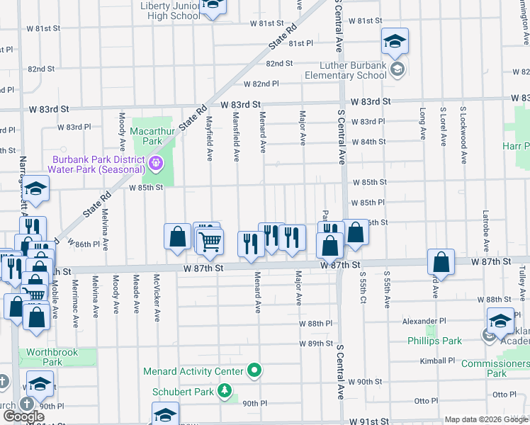 map of restaurants, bars, coffee shops, grocery stores, and more near 8555 Menard Avenue in Burbank