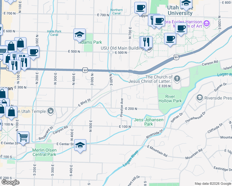 map of restaurants, bars, coffee shops, grocery stores, and more near 260 600 East in Logan