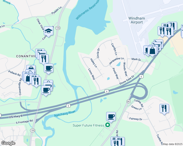 map of restaurants, bars, coffee shops, grocery stores, and more near 34 Lions Way in Windham
