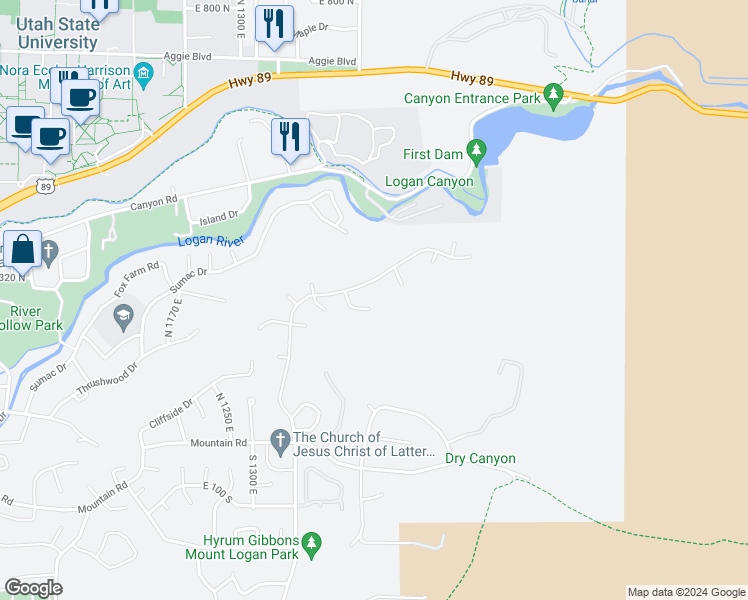 map of restaurants, bars, coffee shops, grocery stores, and more near 240 North 1480 East in Logan